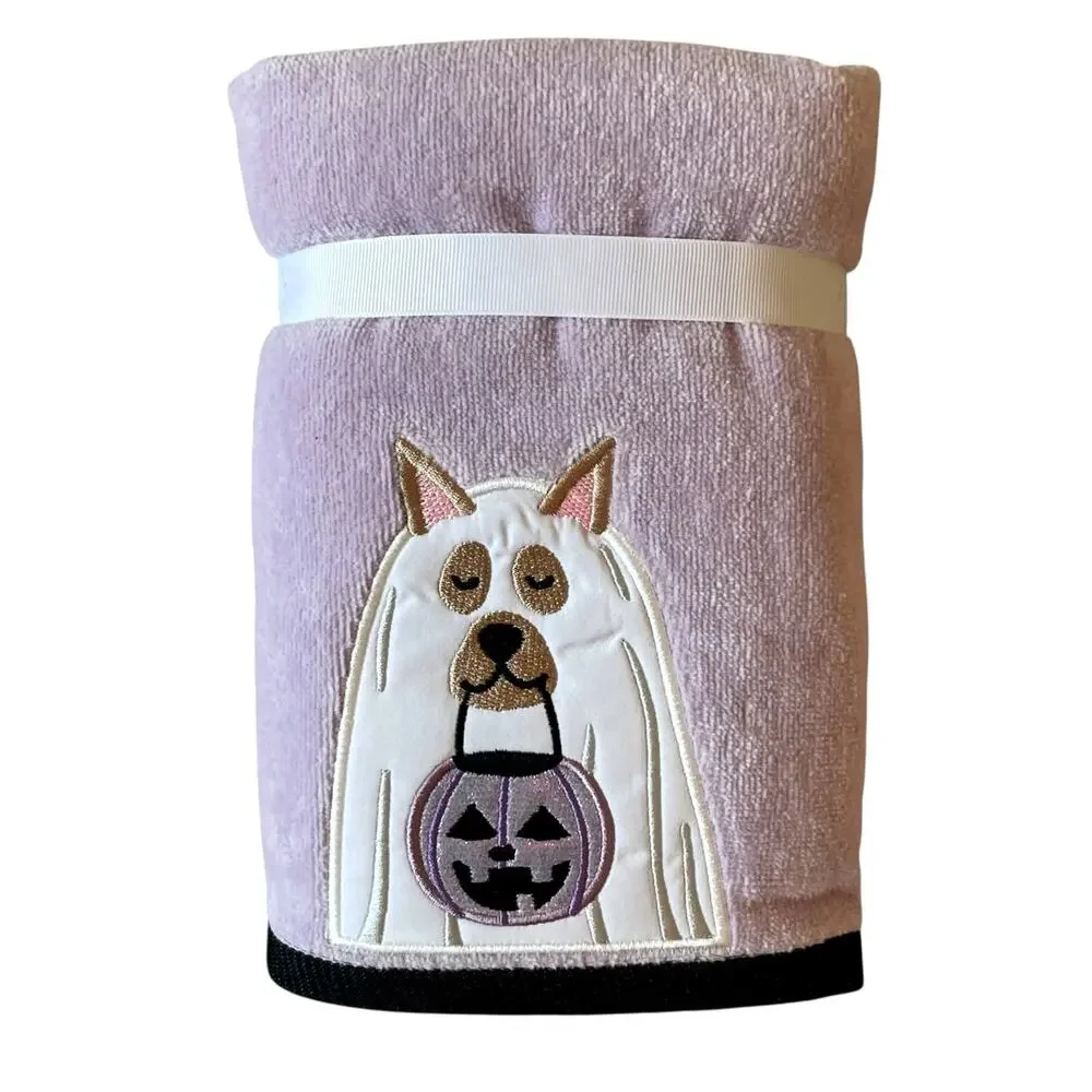 Kassa Decor Halloween Dog Ghost Hand Towels 18x28  Lavender & White Set of 2 NEW